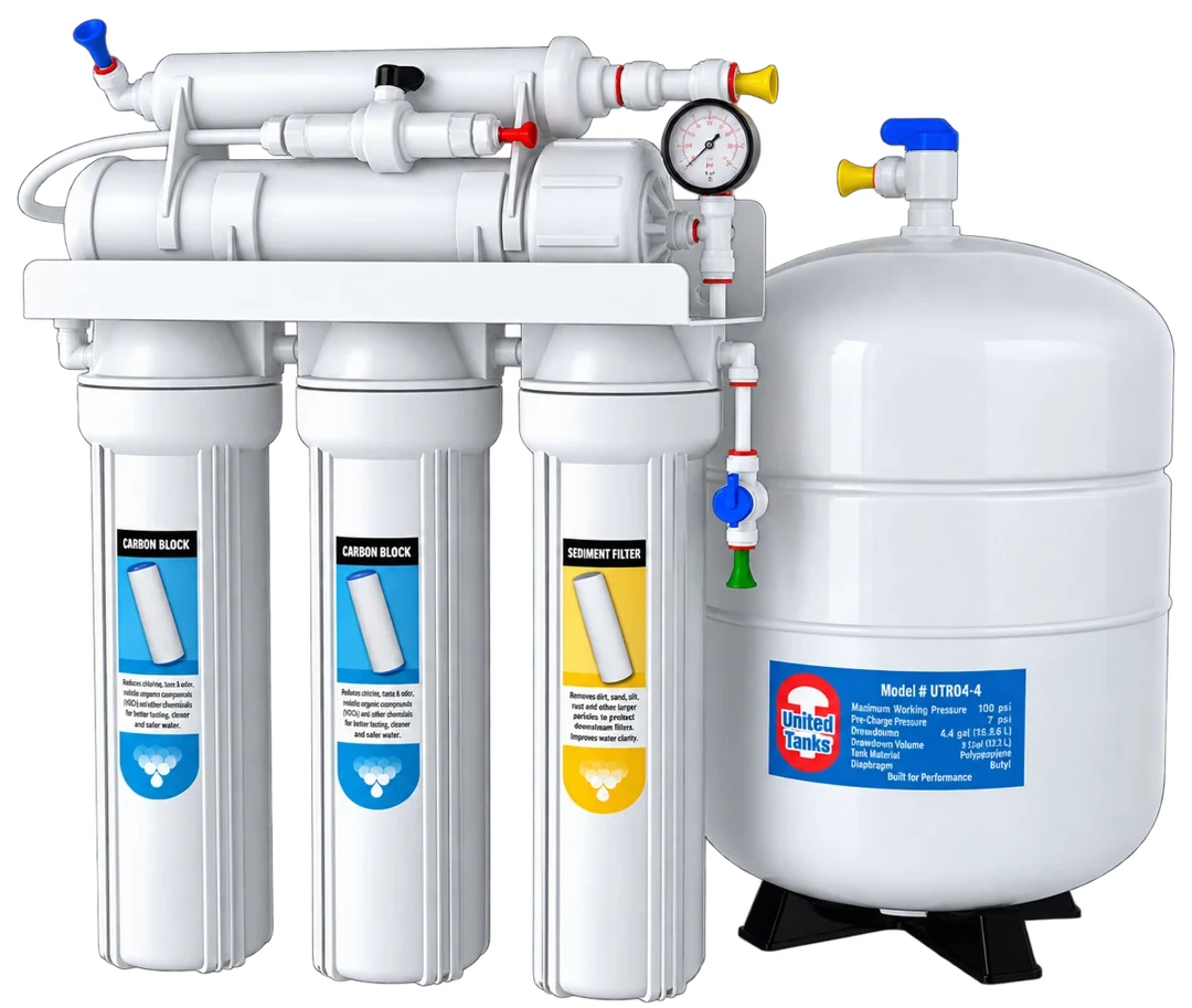 Reverse osmosis system with filter stages and a storage tank